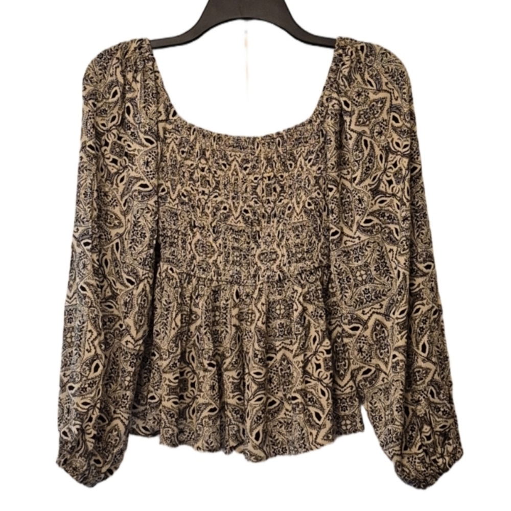 Promesa Small Patterned Long Sleeve Top Sz S Tie Detail V Neckline Blouse - Picture 3 of 4